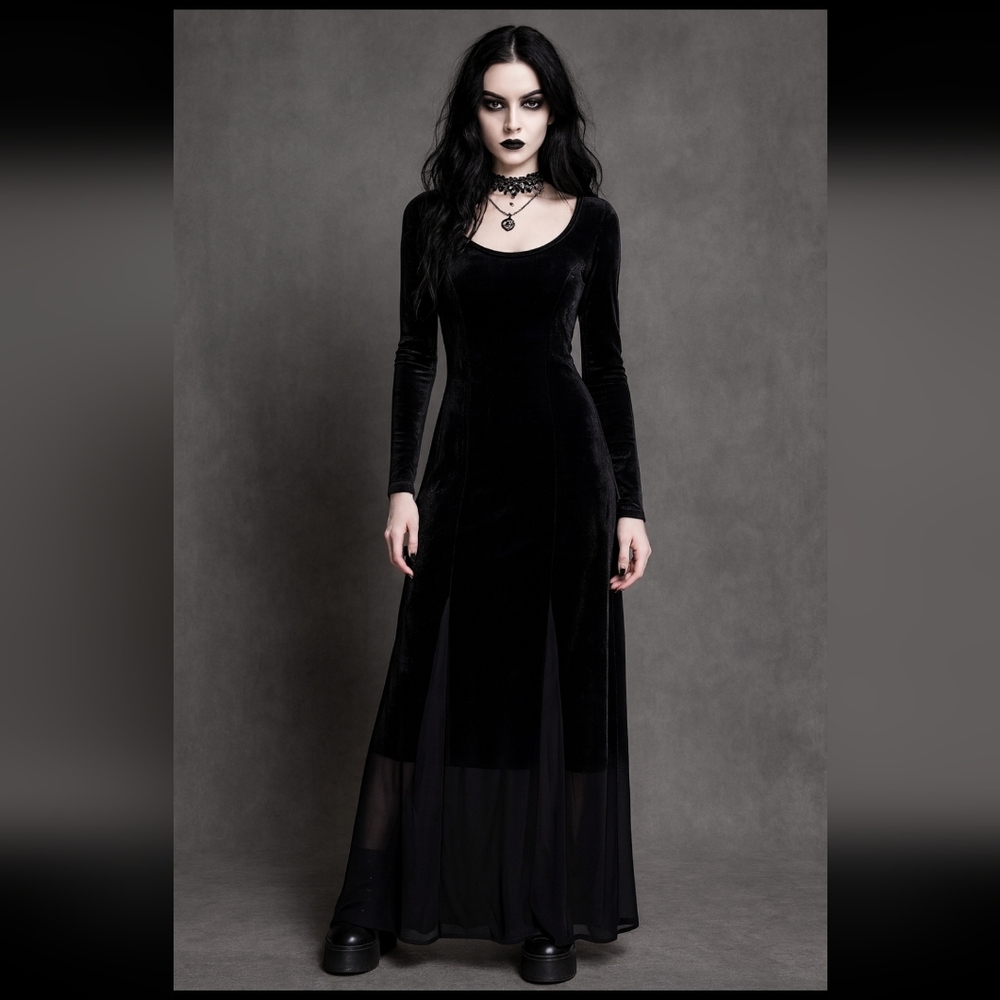 Hanna for La Journee Black Velvet Sheer Panel Maxi Dress Whimsigoth Elvira Style